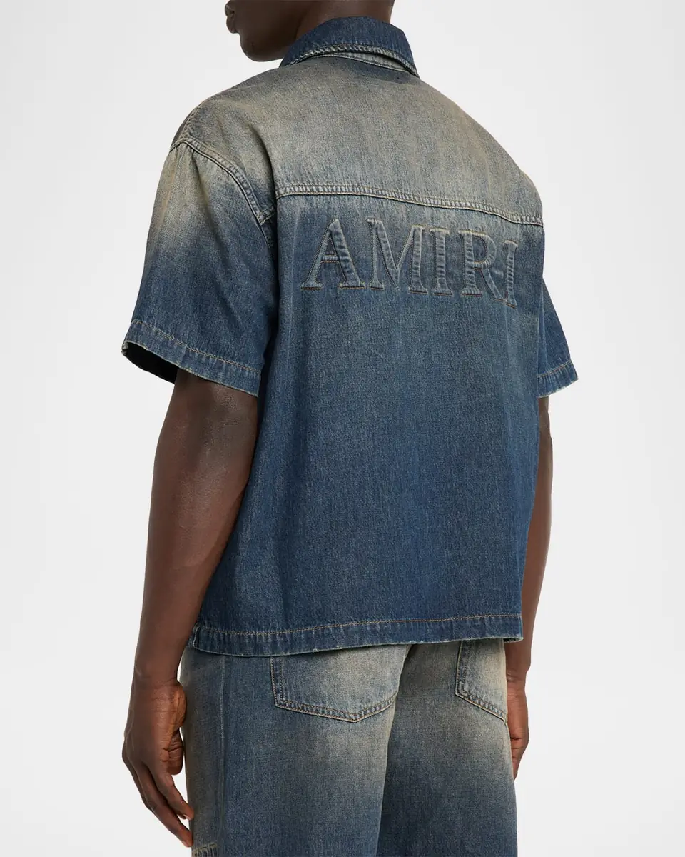 AMIRI Men's Denim Embossed-Logo Short-Sleeve Shirt | Thumbnail 3 AMIRI Men's Denim Embossed-Logo Short-Sleeve Shirt | Thumbnail 3