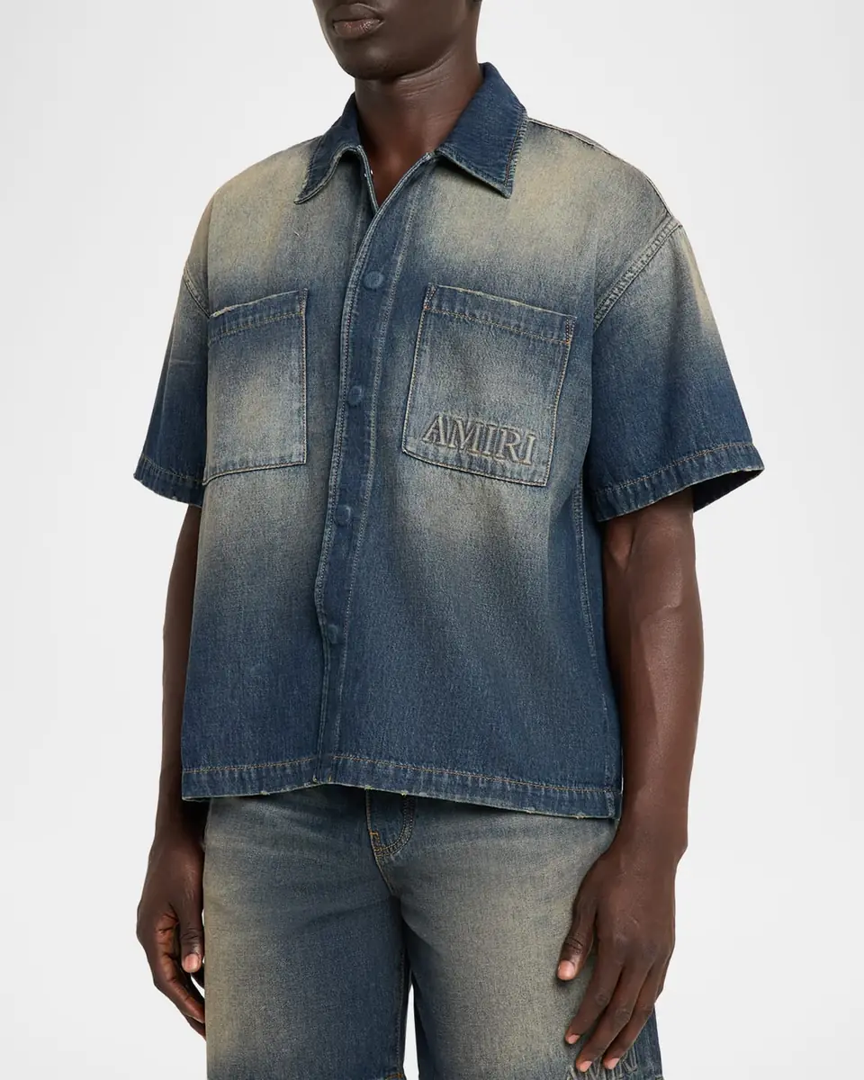 AMIRI Men's Denim Embossed-Logo Short-Sleeve Shirt | Thumbnail 4 AMIRI Men's Denim Embossed-Logo Short-Sleeve Shirt | Thumbnail 4