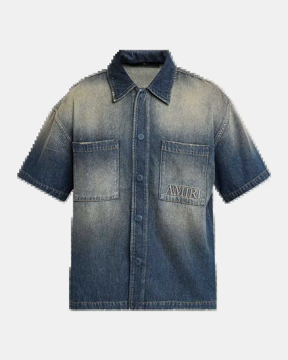 AMIRI Men's Denim Embossed-Logo Short-Sleeve Shirt | Thumbnail 5 AMIRI Men's Denim Embossed-Logo Short-Sleeve Shirt | Thumbnail 5
