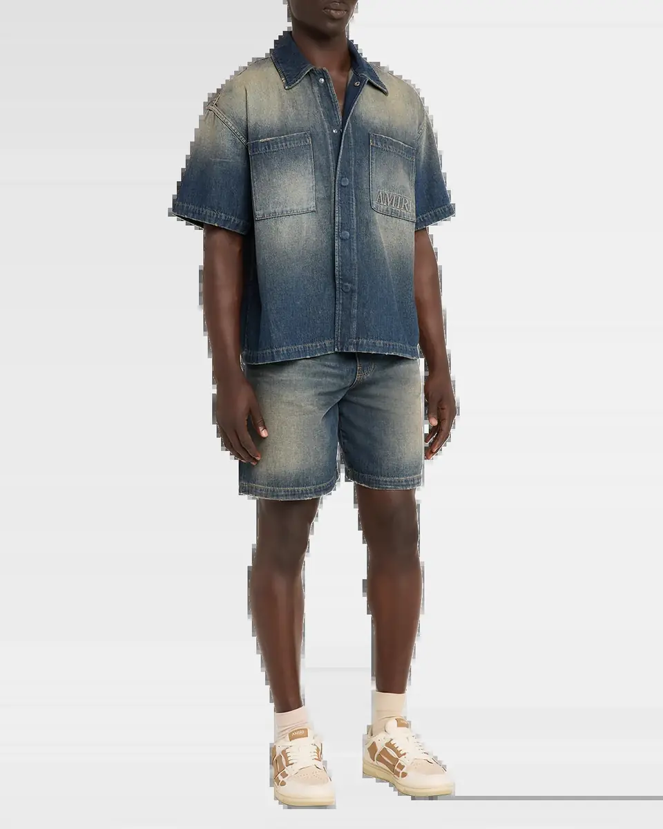 AMIRI Men's Denim Embossed-Logo Short-Sleeve Shirt | Thumbnail 6 AMIRI Men's Denim Embossed-Logo Short-Sleeve Shirt | Thumbnail 6