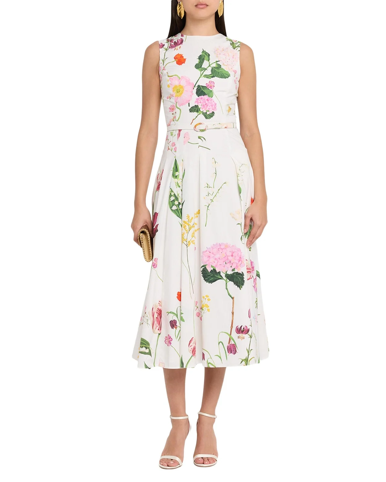 Sleeveless Mixed Botanical Pleated Midi Day Dress With Belt Sleeveless Mixed Botanical Pleated Midi Day Dress With Belt