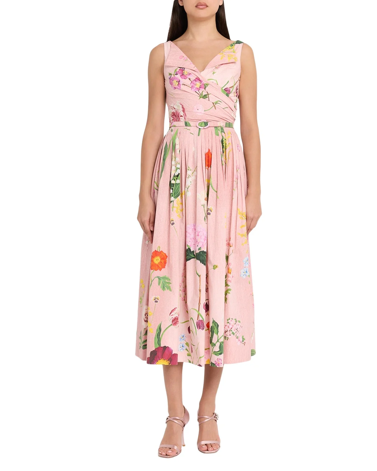 Sleeveless Mixed Botanical Draped Cotton Midi Dress Sleeveless Mixed Botanical Draped Cotton Midi Dress