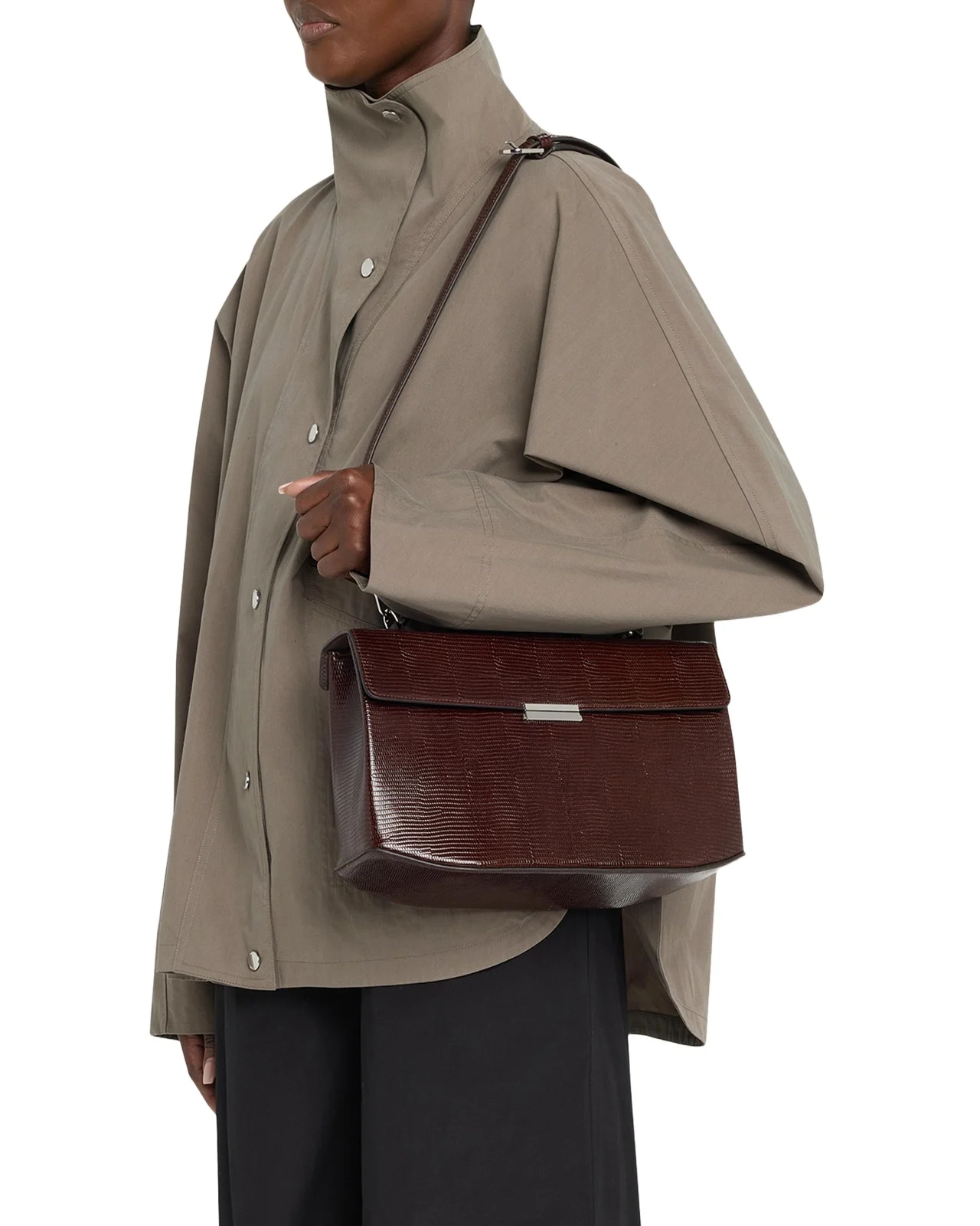 Clip Lizard-Embossed Top-Handle Bag