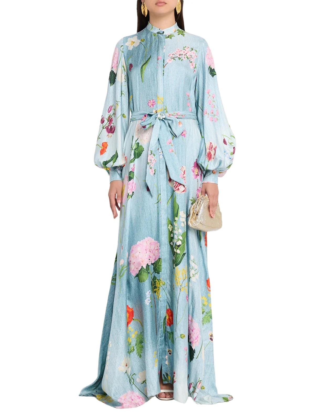 Long-Sleeve Mixed Botanical Silk Twill Belted Maxi Dress Long-Sleeve Mixed Botanical Silk Twill Belted Maxi Dress
