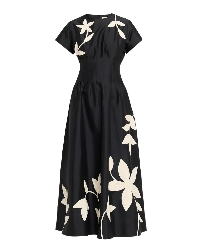 LOVEBIRDS Marvis Floral Embroidered Pleated Ankle Dress