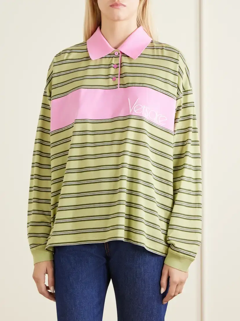 Versace Logo-embroidered Striped Cotton-jersey Polo Shirt | Thumbnail 3 Versace Logo-embroidered Striped Cotton-jersey Polo Shirt | Thumbnail 3