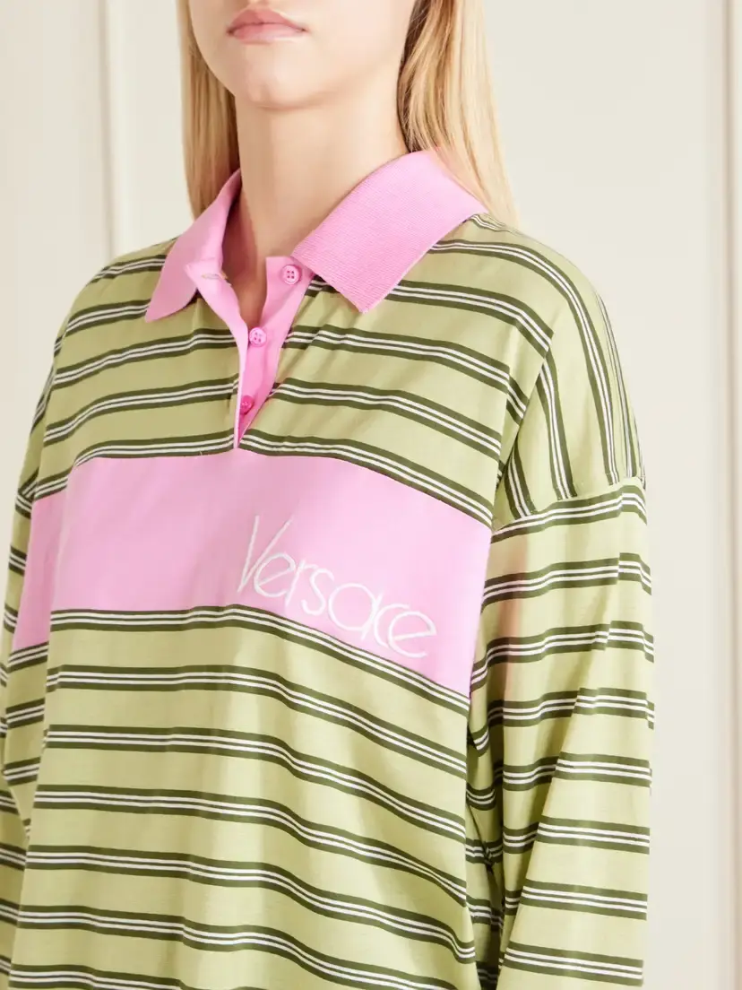 Versace Logo-embroidered Striped Cotton-jersey Polo Shirt | Thumbnail 5 Versace Logo-embroidered Striped Cotton-jersey Polo Shirt | Thumbnail 5