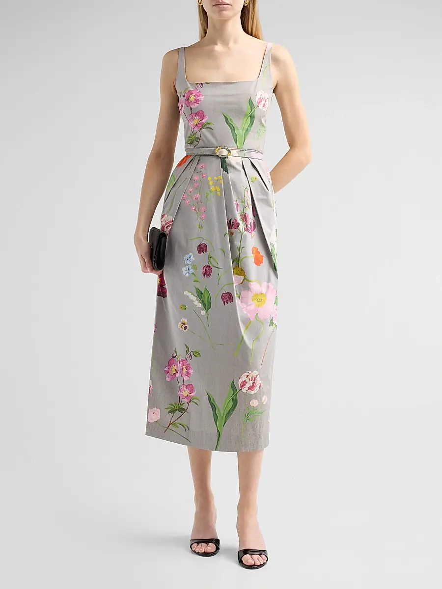 Oscar de la Renta Women's Mixed Botanical Pleated Stretch-Cotton Midi Dress | Thumbnail 2