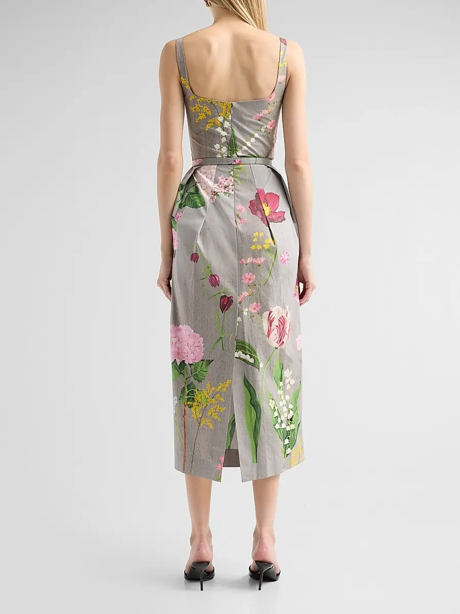 Oscar de la Renta Women's Mixed Botanical Pleated Stretch-Cotton Midi Dress | Thumbnail 3