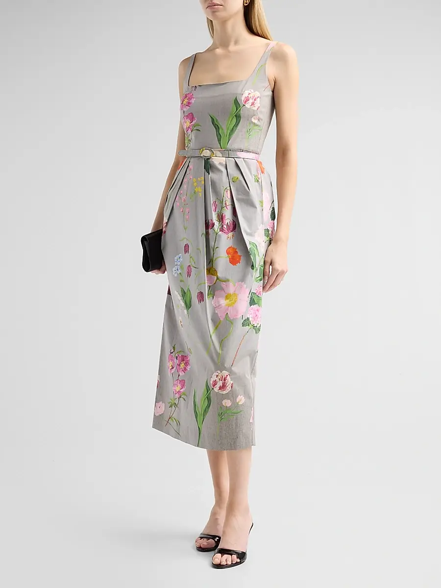 Oscar de la Renta Women's Mixed Botanical Pleated Stretch-Cotton Midi Dress | Thumbnail 4
