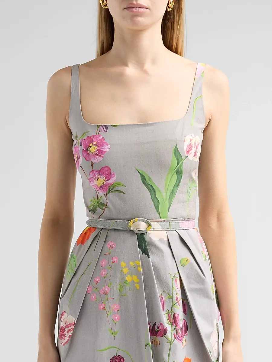 Oscar de la Renta Women's Mixed Botanical Pleated Stretch-Cotton Midi Dress | Thumbnail 5