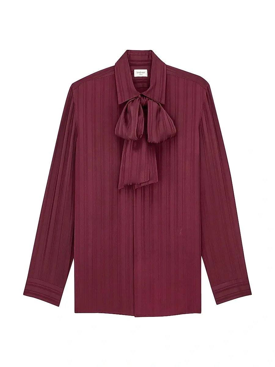 Saint Laurent Women's Cassandre Lavalliere Blouse Shirt in Striped Silk Jacquard - Bordeaux | Image 1 Saint Laurent Women's Cassandre Lavalliere Blouse Shirt in Striped Silk Jacquard - Bordeaux | Image 1