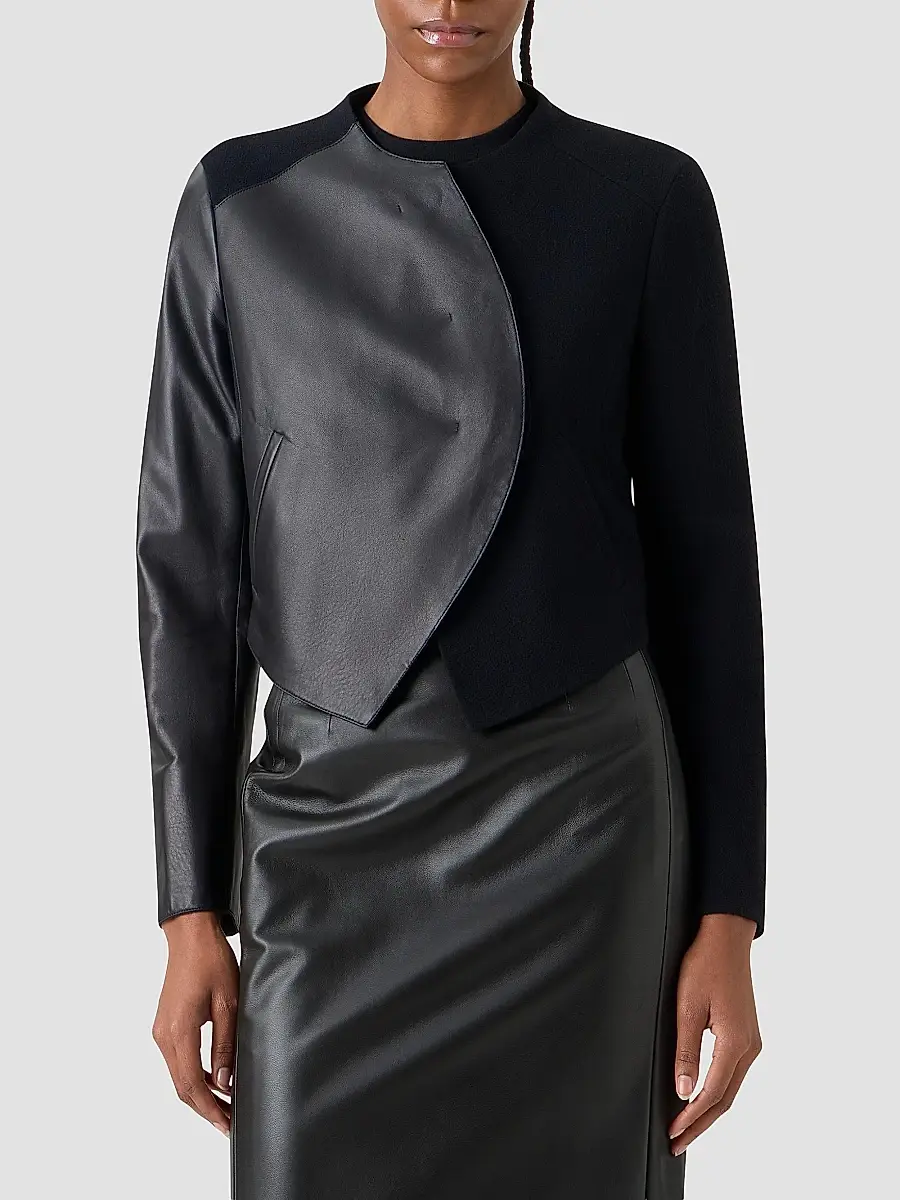 Akris Women's Hynora Leather-Inset Virgin Wool Jacket | Thumbnail 4 Akris Women's Hynora Leather-Inset Virgin Wool Jacket | Thumbnail 4