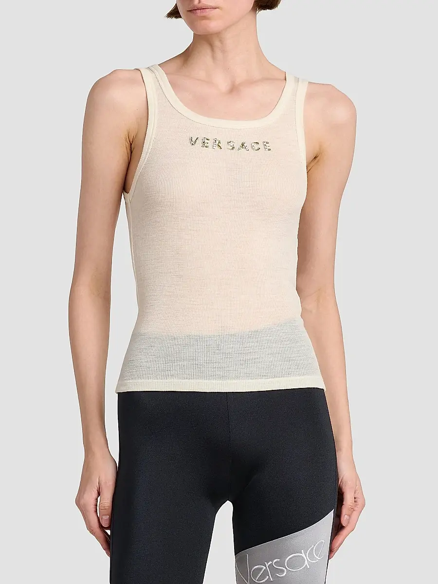 Versace Women's La Vacanza Crystal Logo Rib-Knit Tank | Thumbnail 3