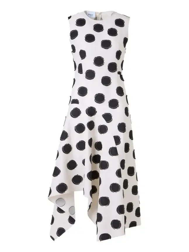 Sleeveless Fringed Polka-Dot Jacquard Midi Dress