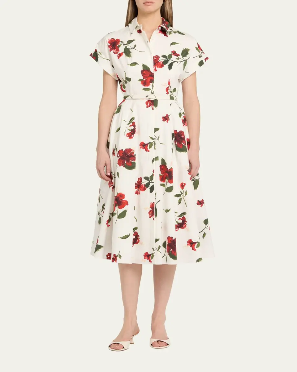 Oscar de la Renta Short-Sleeve Hibiscus Cotton Poplin Midi Shirtdress With Belt | Thumbnail 2 Oscar de la Renta Short-Sleeve Hibiscus Cotton Poplin Midi Shirtdress With Belt | Thumbnail 2