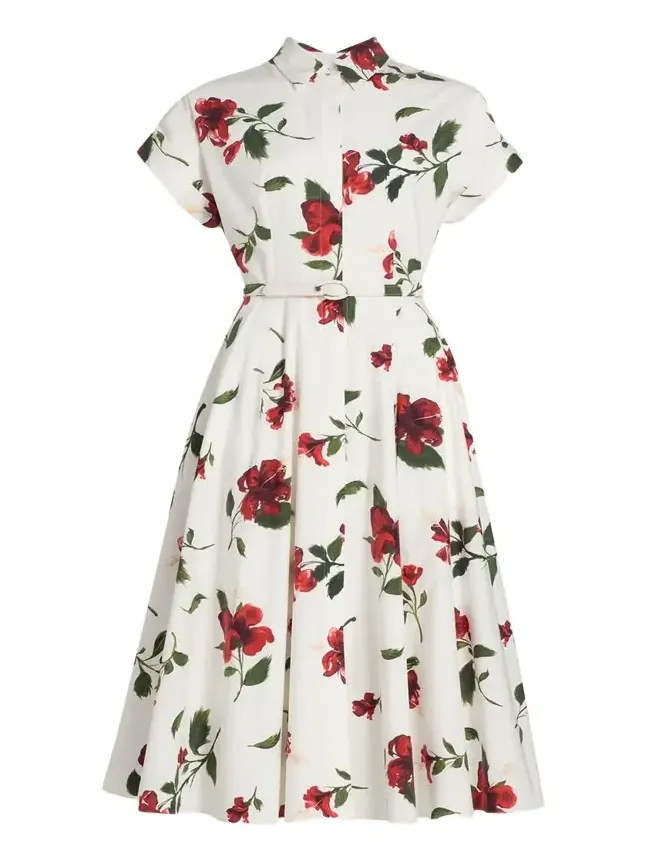 Short-Sleeve Hibiscus Cotton Poplin Midi Shirtdress With Belt Short-Sleeve Hibiscus Cotton Poplin Midi Shirtdress With Belt