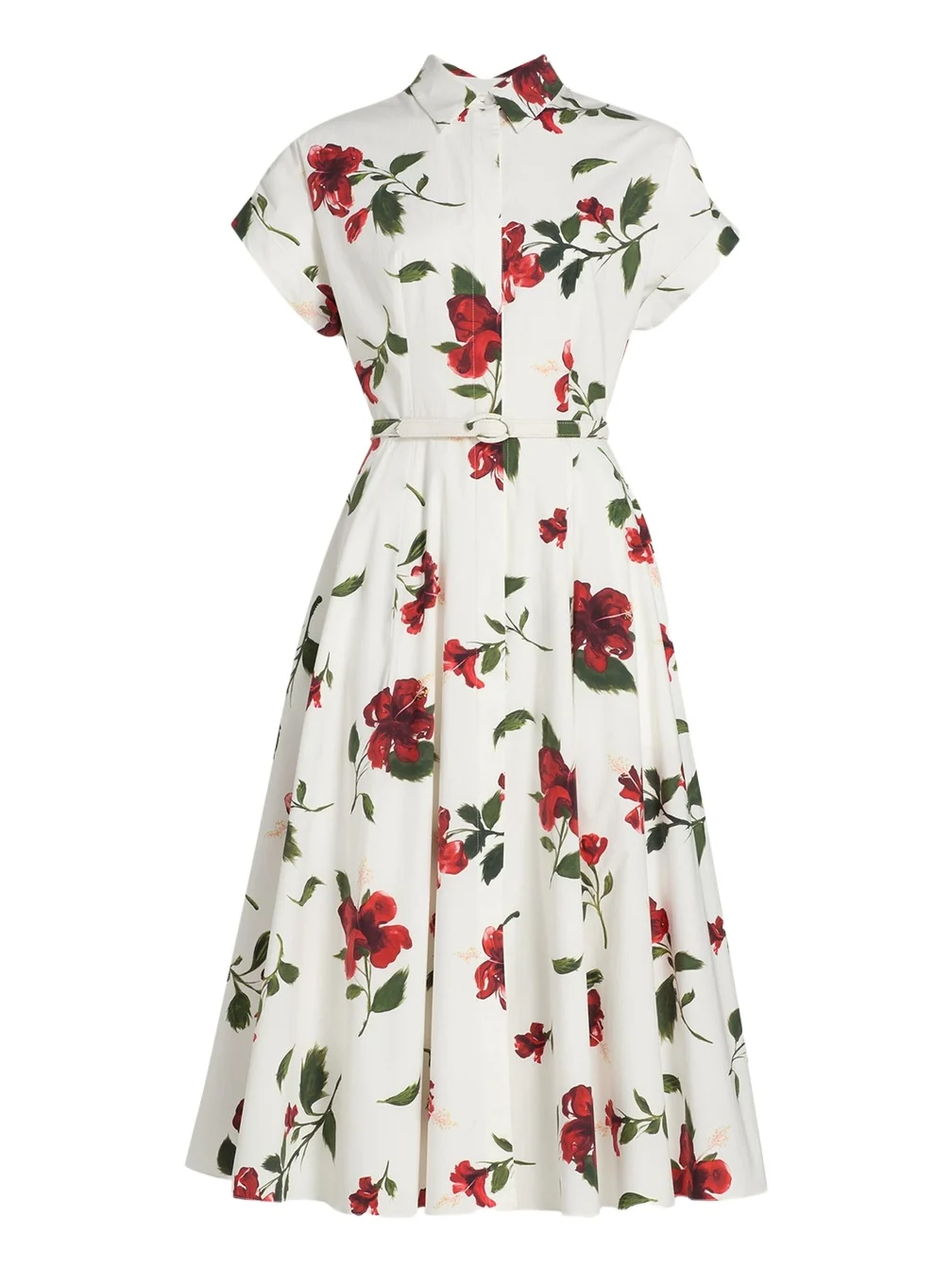 Short-Sleeve Hibiscus Cotton Poplin Midi Shirtdress With Belt Short-Sleeve Hibiscus Cotton Poplin Midi Shirtdress With Belt