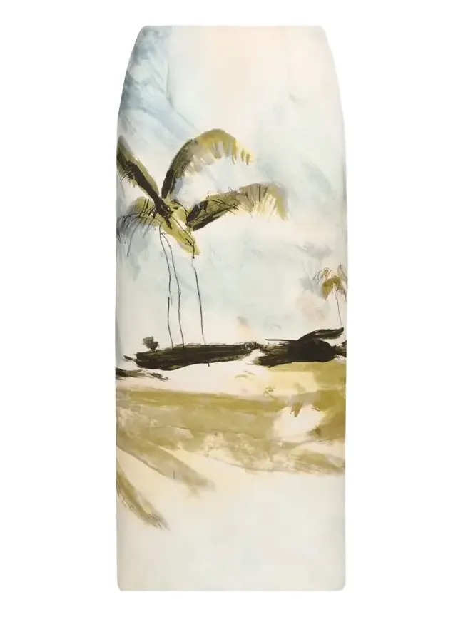 Palm Tree Satin Midi Pencil Skirt Palm Tree Satin Midi Pencil Skirt