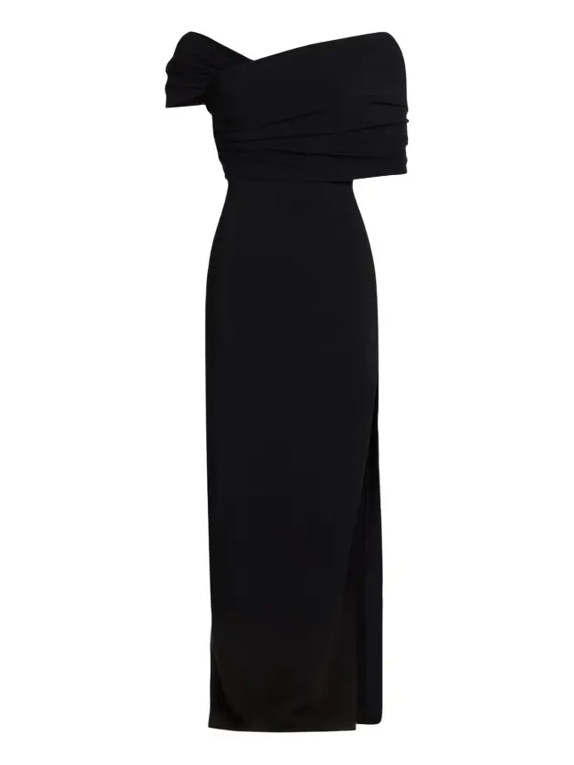 Asymmetric Draped Off-The-Shoulder Column Gown