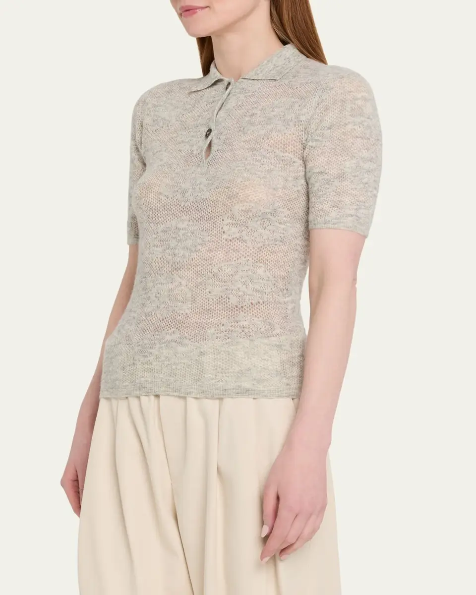 Brunello Cucinelli Lace-Effect Polo Short-Sleeve Sweater | Thumbnail 4 Brunello Cucinelli Lace-Effect Polo Short-Sleeve Sweater | Thumbnail 4