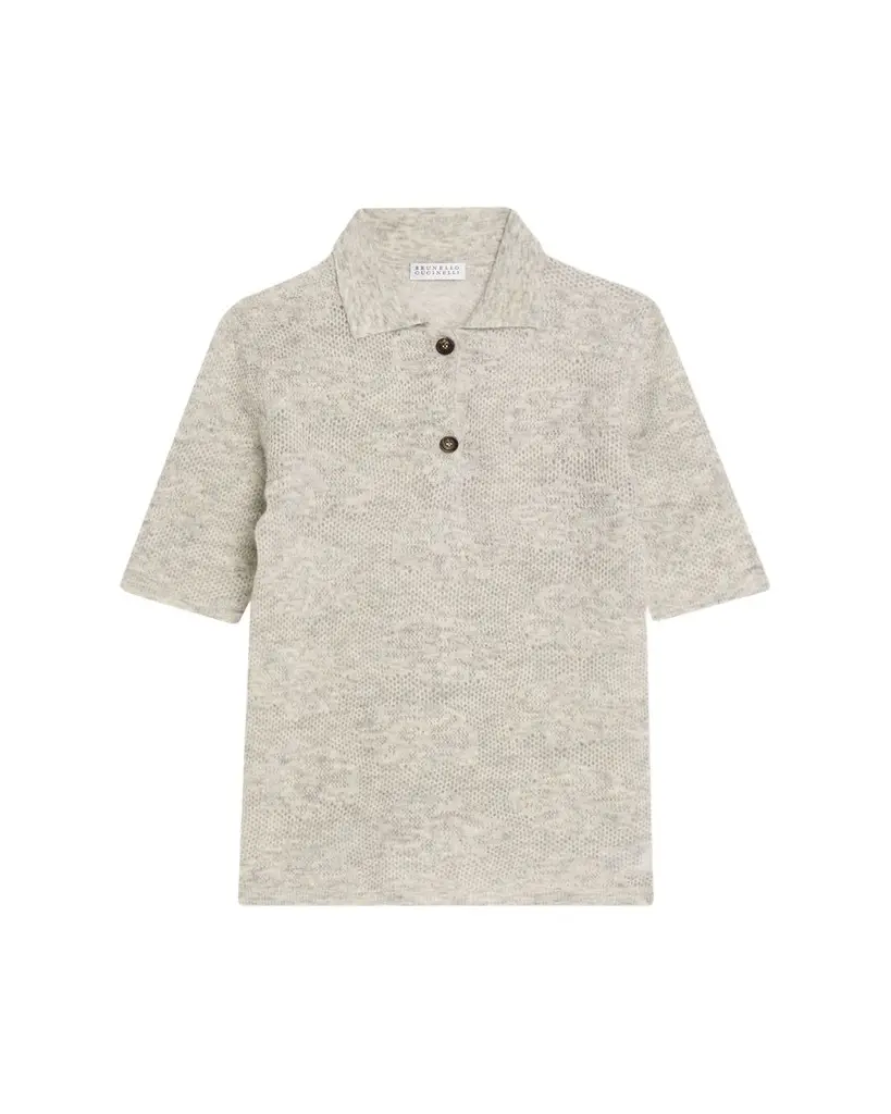 Brunello Cucinelli Lace-Effect Polo Short-Sleeve Sweater | Image 1 Brunello Cucinelli Lace-Effect Polo Short-Sleeve Sweater | Image 1