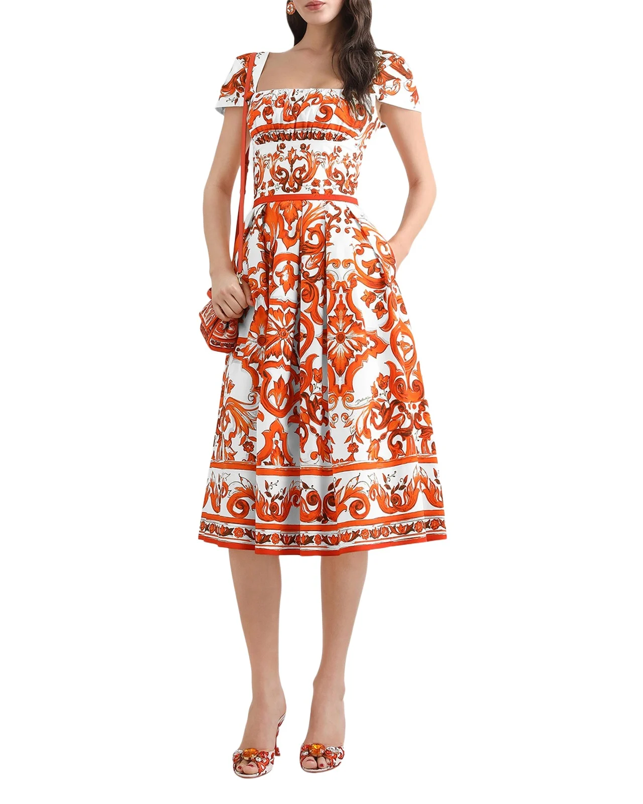 Majolica-Print Poplin Pleated Midi Dress Majolica-Print Poplin Pleated Midi Dress