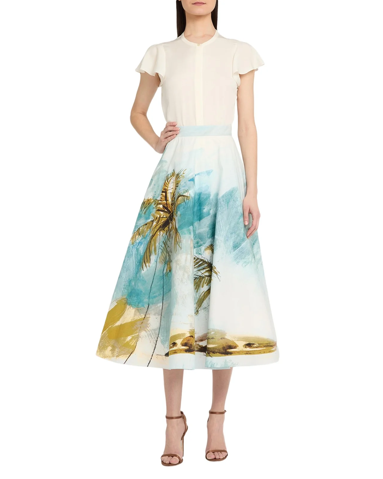 Oscar de la Renta Beach Palm Print Cotton Poplin Midi Skirt