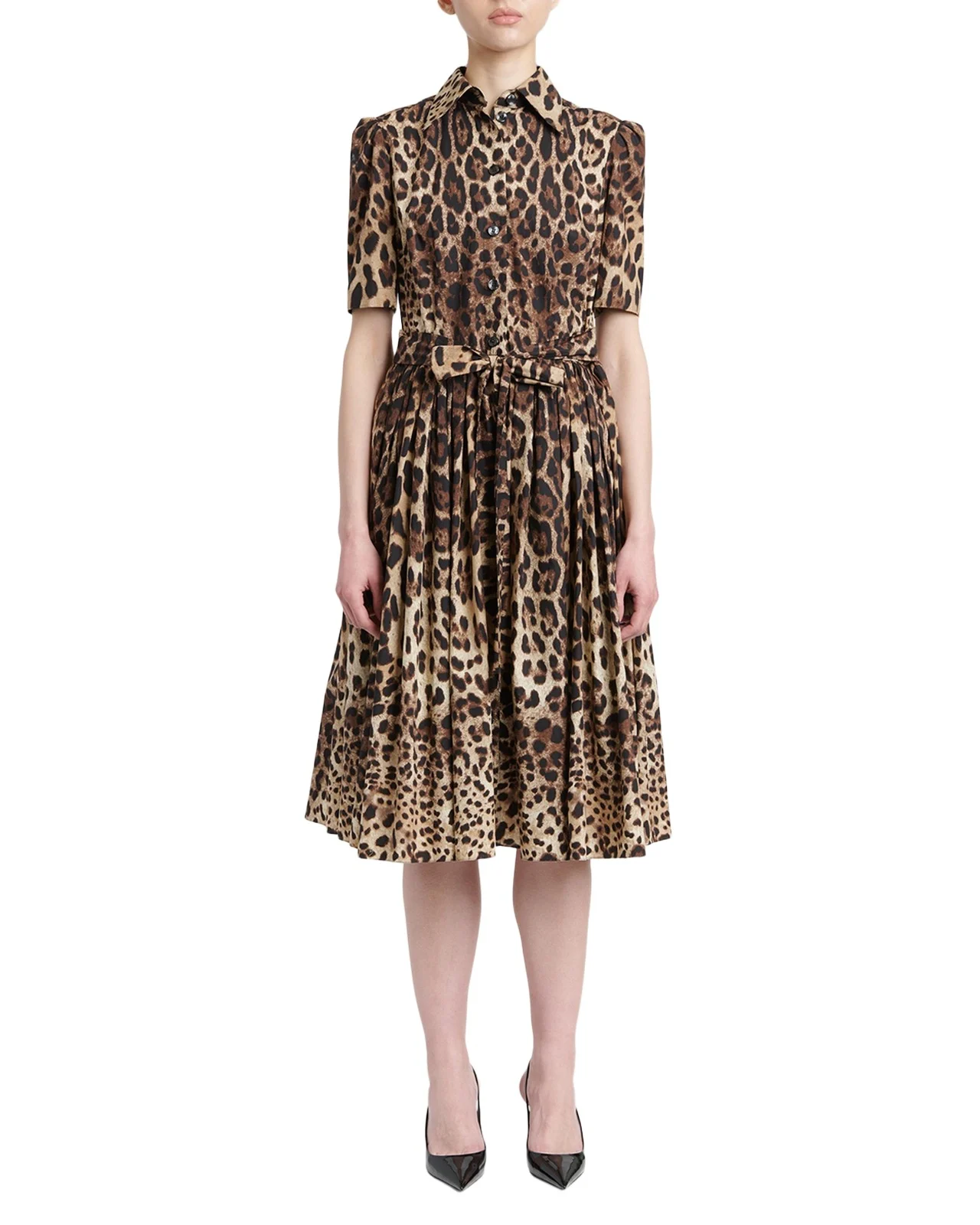 Short-Sleeve Leopard Cotton Poplin Pleated Midi Shirtdress Short-Sleeve Leopard Cotton Poplin Pleated Midi Shirtdress