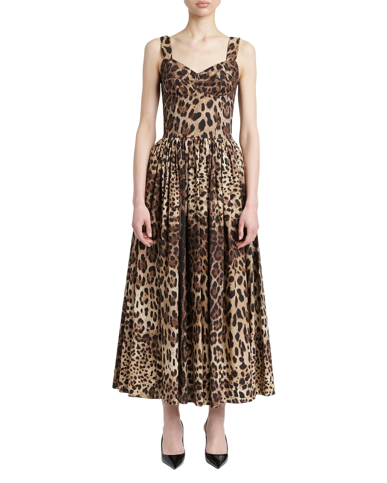 Dolce & Gabbana Leopard-Print Cotton Poplin Midi Bustier Dress