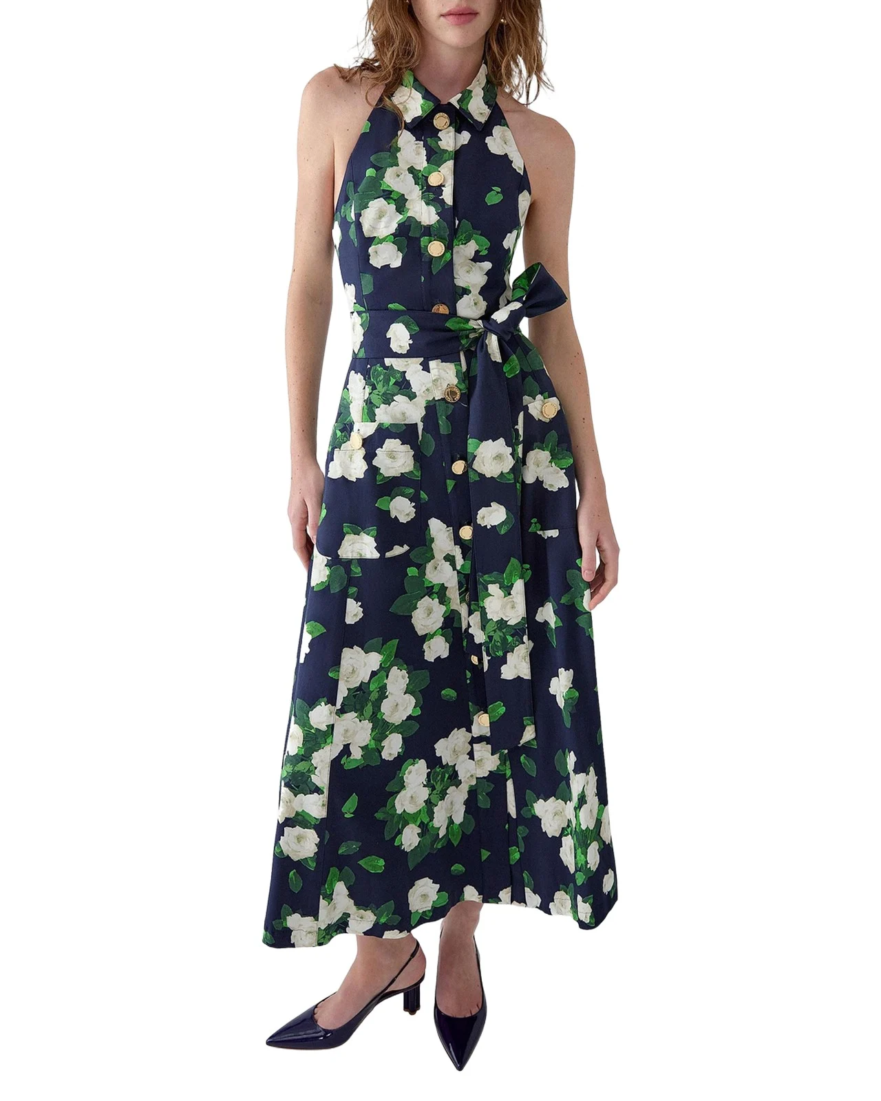 Floral Cotton Button-Front Halter Midi Dress