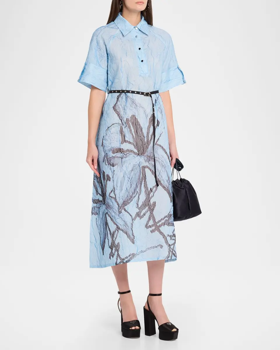 LOVEBIRDS Serenza Crinkled Floral-Print Silk Midi Shirtdress | Thumbnail 4