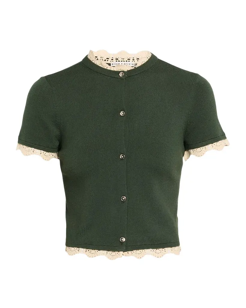 Alice + Olivia Ciara Crochet-Trim Ribbed Cardigan | Image 1 Alice + Olivia Ciara Crochet-Trim Ribbed Cardigan | Image 1