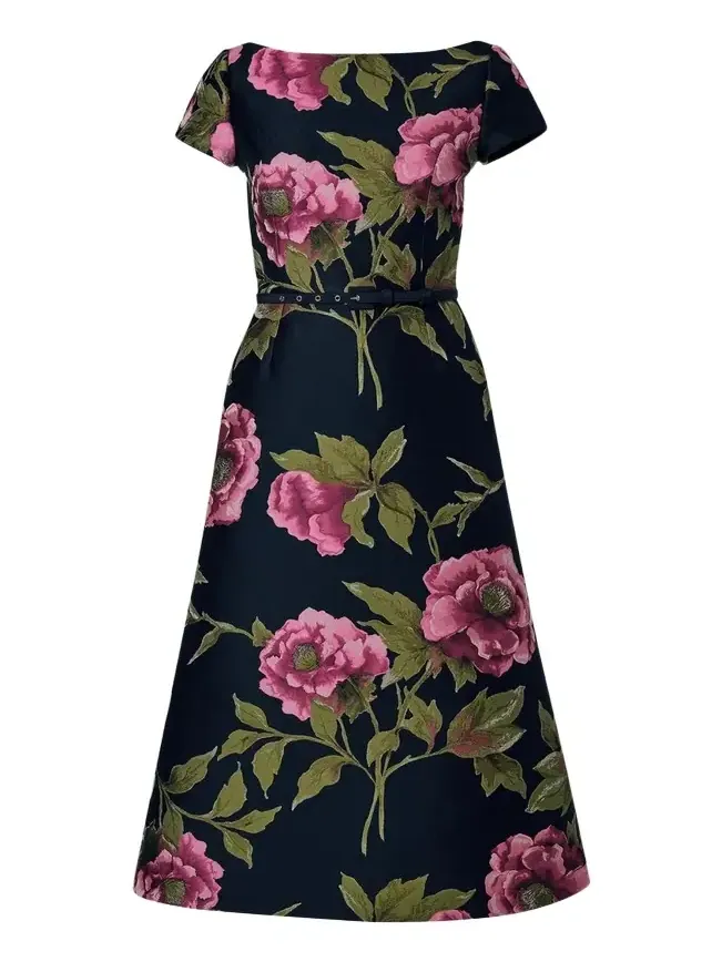 Metallic Floral Jacquard Short-Sleeve Belted Midi Dress Metallic Floral Jacquard Short-Sleeve Belted Midi Dress