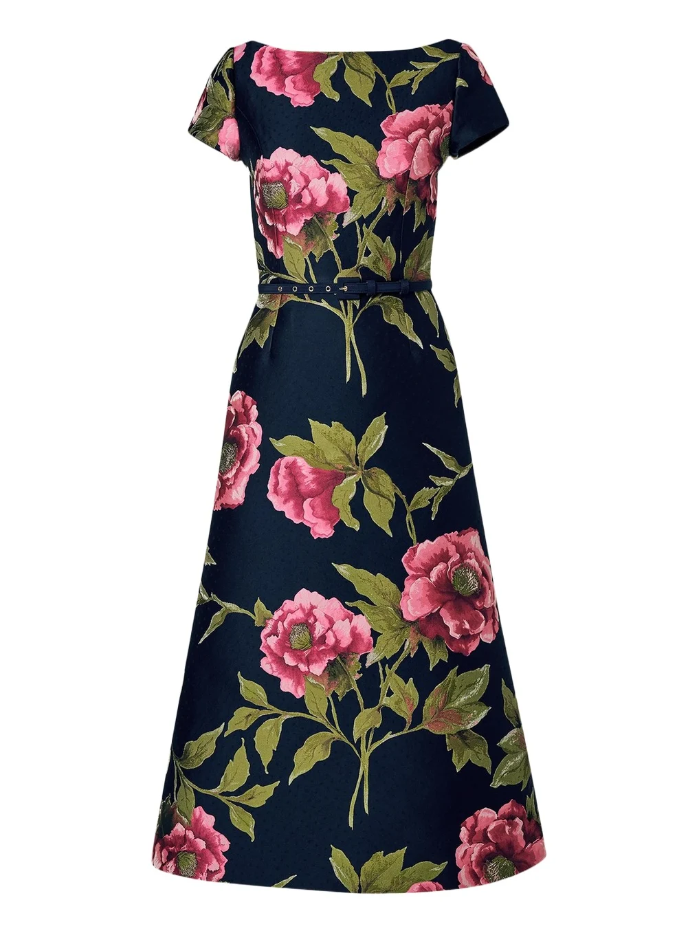 Carolina Herrera Metallic Floral Jacquard Short-Sleeve Belted Midi Dress