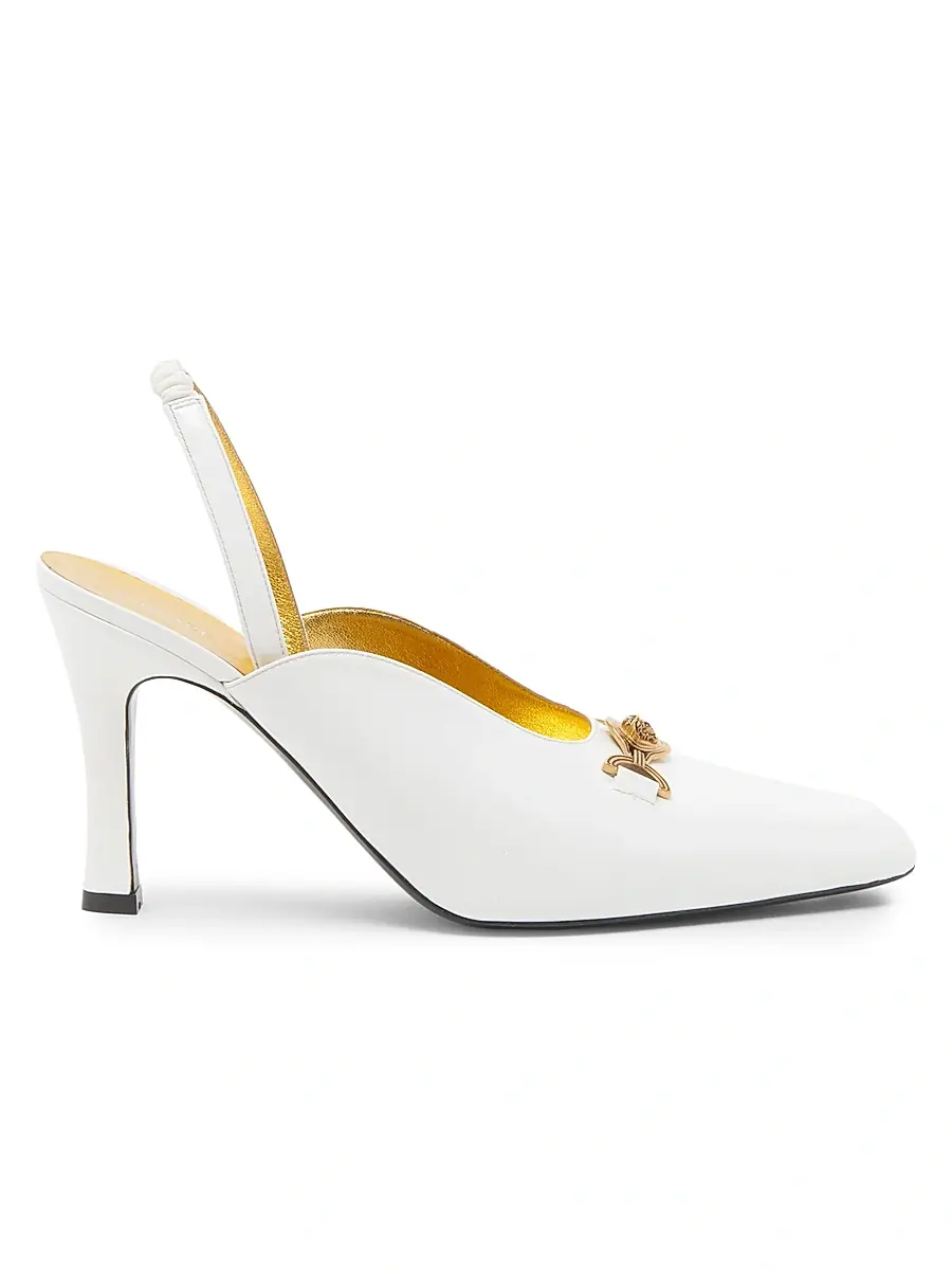 Versace Women's 90MM Medusa-Detail Leather Slingback Pumps - White Gold | Image 1 Versace Women's 90MM Medusa-Detail Leather Slingback Pumps - White Gold | Image 1