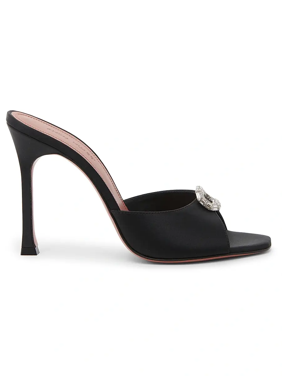 Amina Muaddi Women's Mini Camelia 105MM Crystal-Embellished Silk Mules - Black Satin White Crystal | Image 1 Amina Muaddi Women's Mini Camelia 105MM Crystal-Embellished Silk Mules - Black Satin White Crystal | Image 1