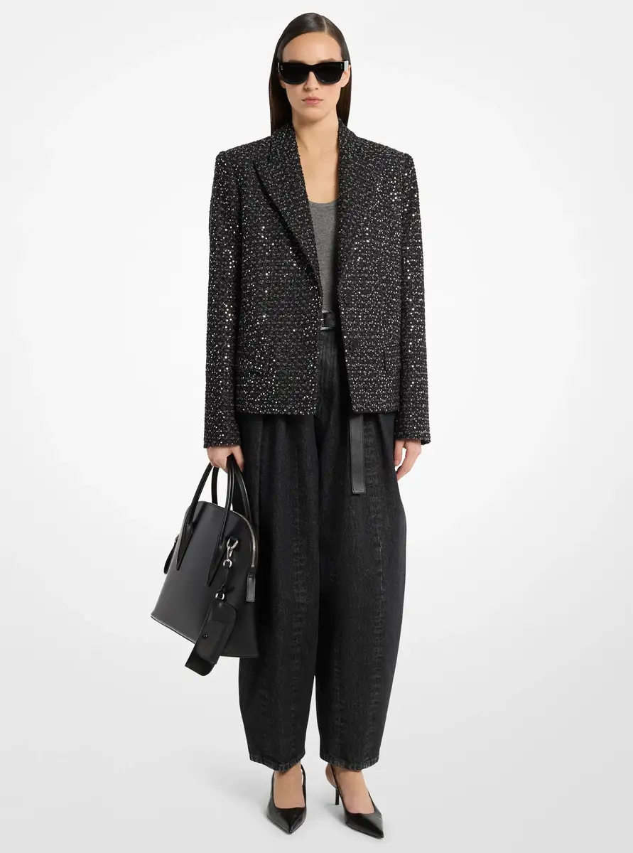Michael Kors Collection Sequined Denim Tweed Cropped Blazer in Silver | Thumbnail 2 Michael Kors Collection Sequined Denim Tweed Cropped Blazer in Silver | Thumbnail 2