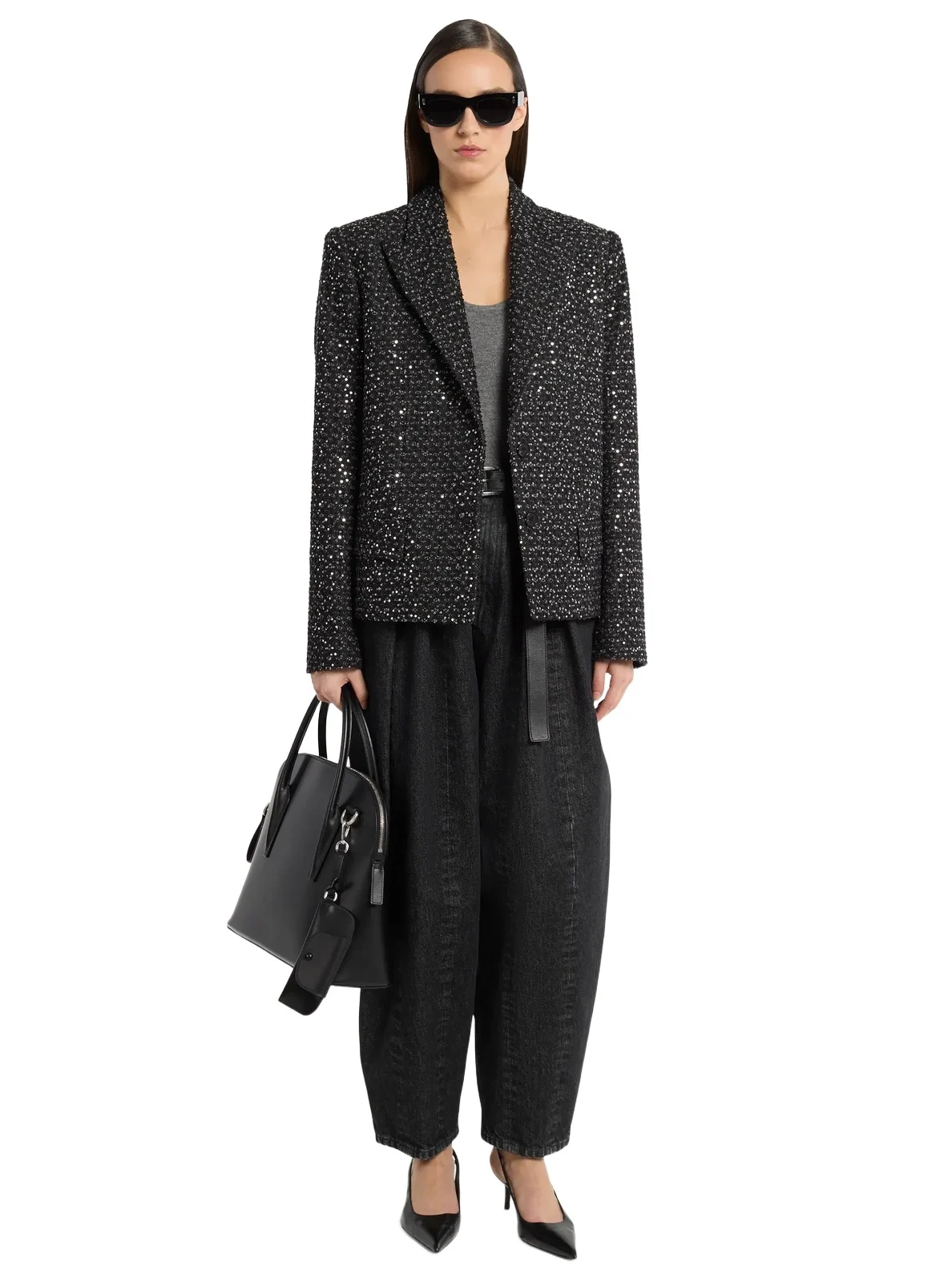 Sequined Denim Tweed Cropped Blazer in Silver Sequined Denim Tweed Cropped Blazer in Silver