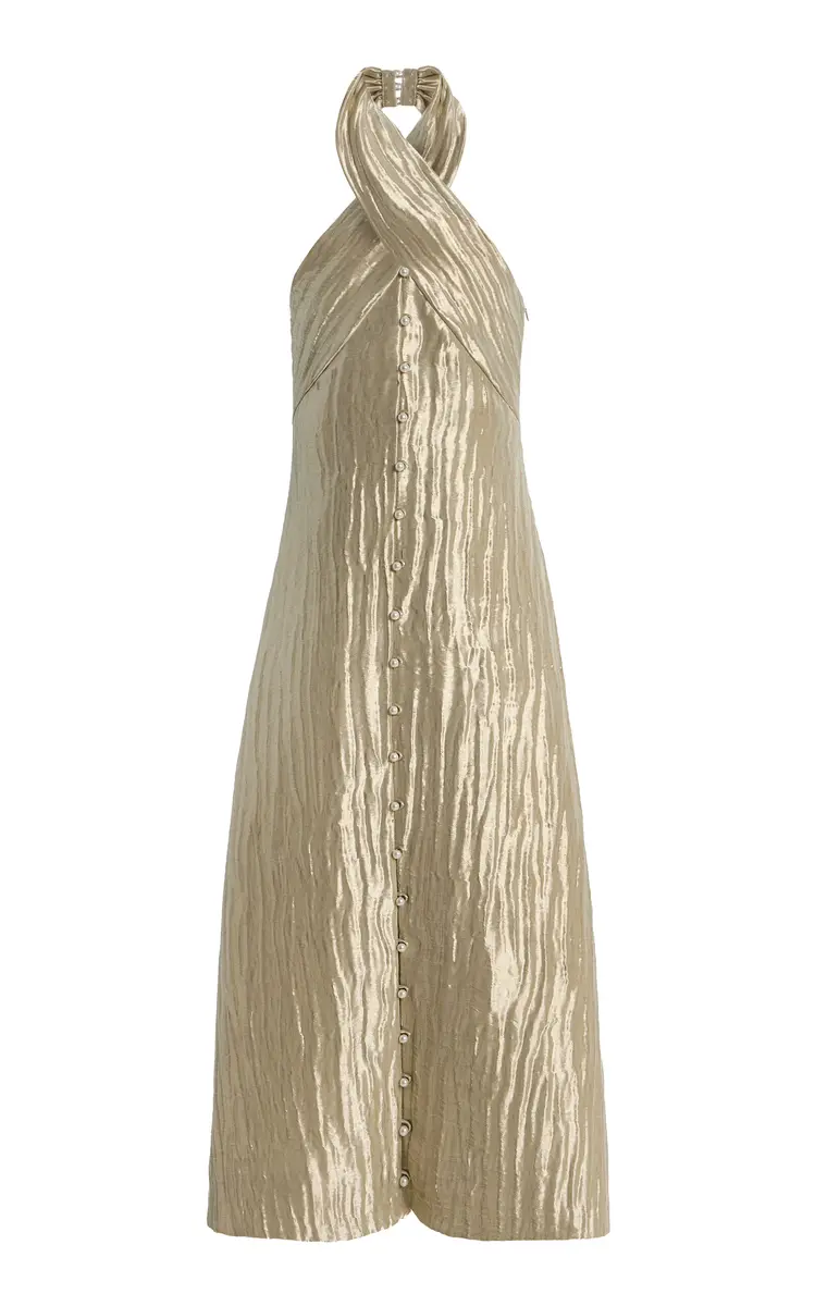 Rosie Assoulin Exclusive Twisted Lamé Maxi Halter Dress | Image 1 Rosie Assoulin Exclusive Twisted Lamé Maxi Halter Dress | Image 1