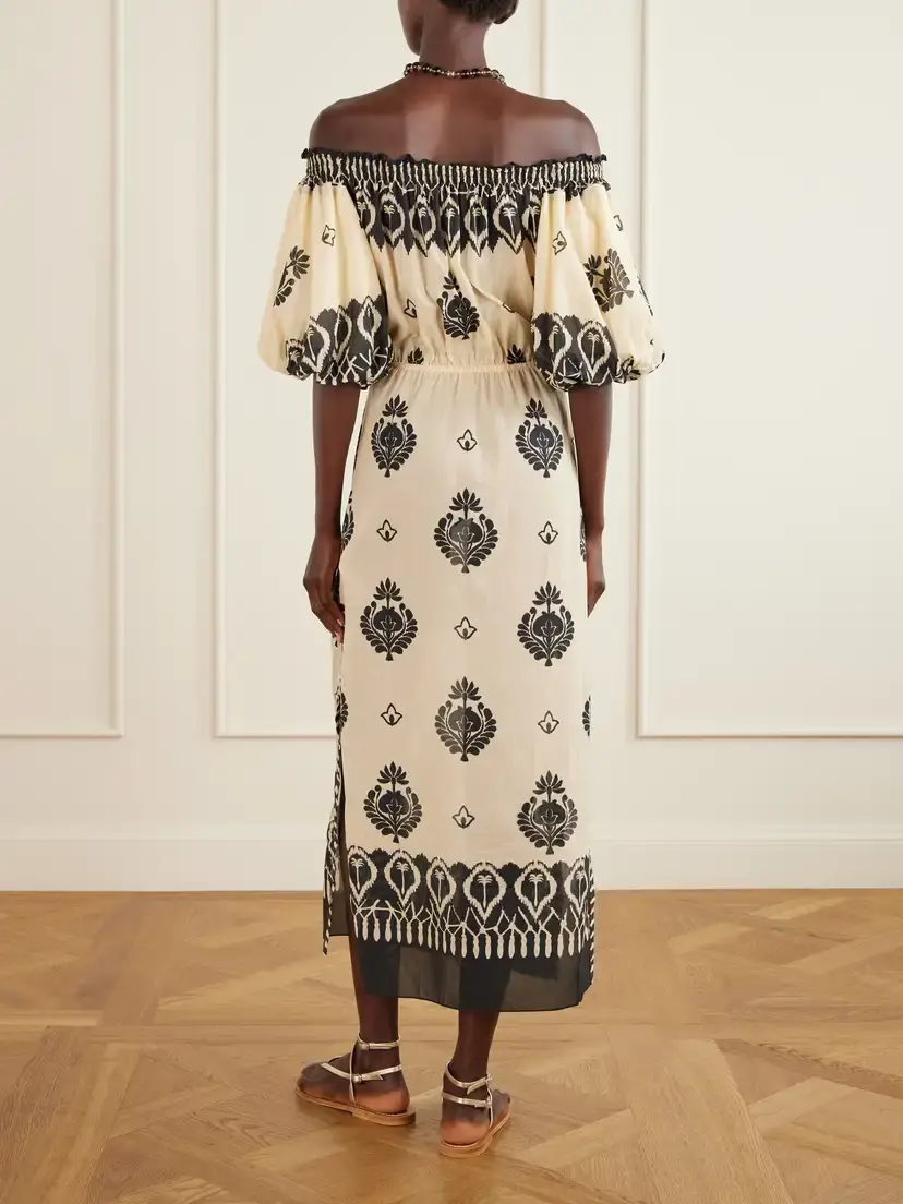 Johanna Ortiz Harbor Hues Off-the-shoulder Ruched Printed Cotton-poplin Midi Dress | Thumbnail 3 Johanna Ortiz Harbor Hues Off-the-shoulder Ruched Printed Cotton-poplin Midi Dress | Thumbnail 3