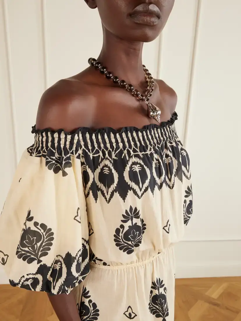 Johanna Ortiz Harbor Hues Off-the-shoulder Ruched Printed Cotton-poplin Midi Dress | Thumbnail 4 Johanna Ortiz Harbor Hues Off-the-shoulder Ruched Printed Cotton-poplin Midi Dress | Thumbnail 4