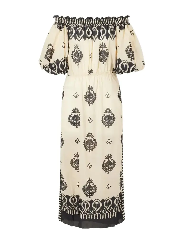 Johanna Ortiz Harbor Hues Off-the-shoulder Ruched Printed Cotton-poplin Midi Dress | Image 1 Johanna Ortiz Harbor Hues Off-the-shoulder Ruched Printed Cotton-poplin Midi Dress | Image 1