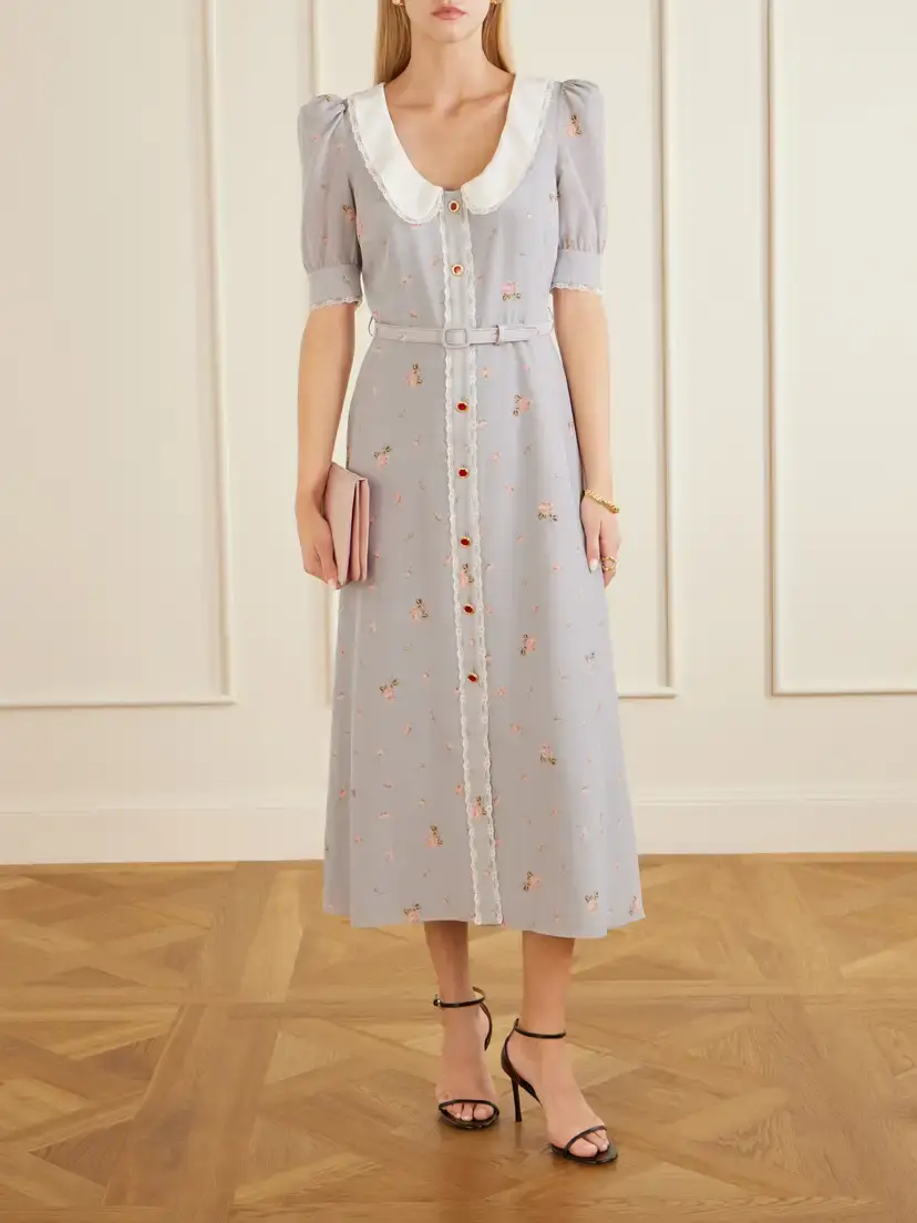 Alessandra Rich Belted Floral-print Lace-trimmed Silk-crepe De Chine Midi Dress | Thumbnail 2 Alessandra Rich Belted Floral-print Lace-trimmed Silk-crepe De Chine Midi Dress | Thumbnail 2
