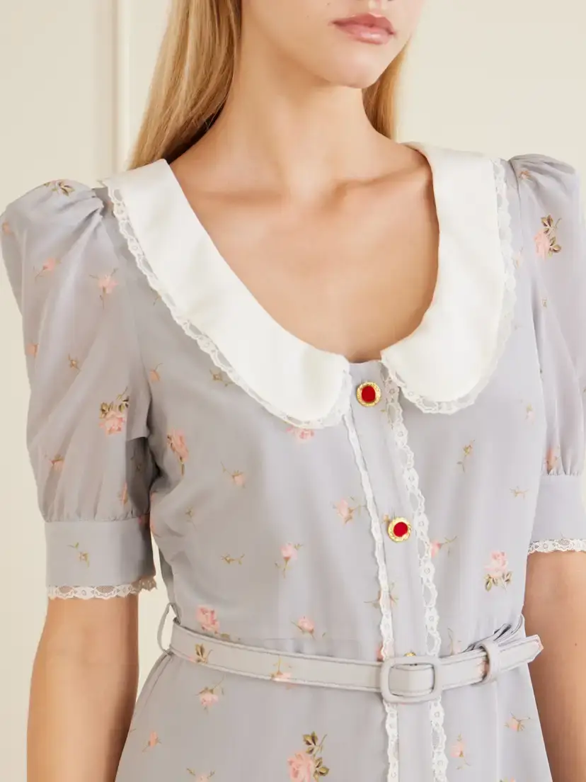 Alessandra Rich Belted Floral-print Lace-trimmed Silk-crepe De Chine Midi Dress | Thumbnail 4 Alessandra Rich Belted Floral-print Lace-trimmed Silk-crepe De Chine Midi Dress | Thumbnail 4