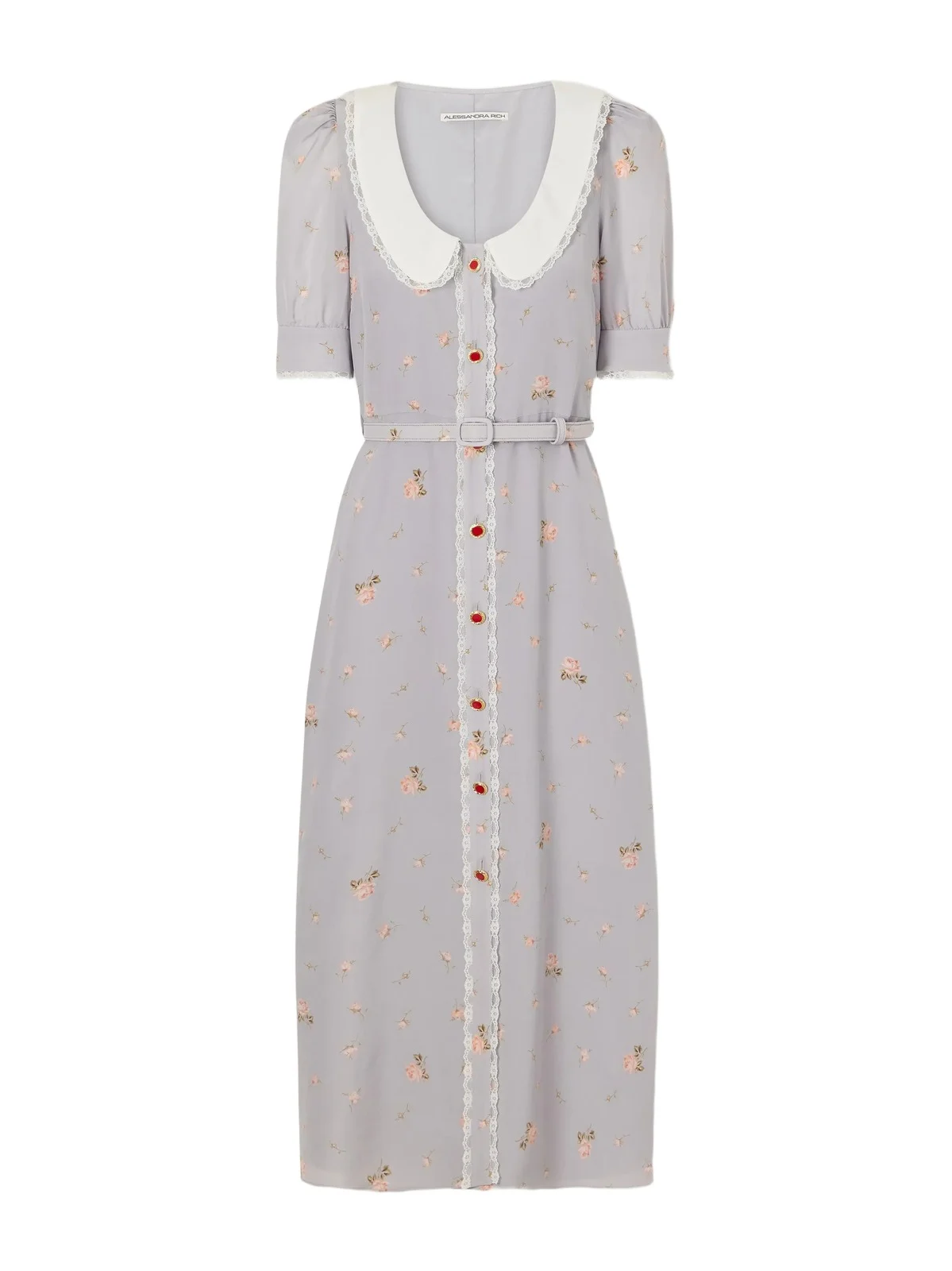Alessandra Rich Belted Floral-print Lace-trimmed Silk-crepe De Chine Midi Dress