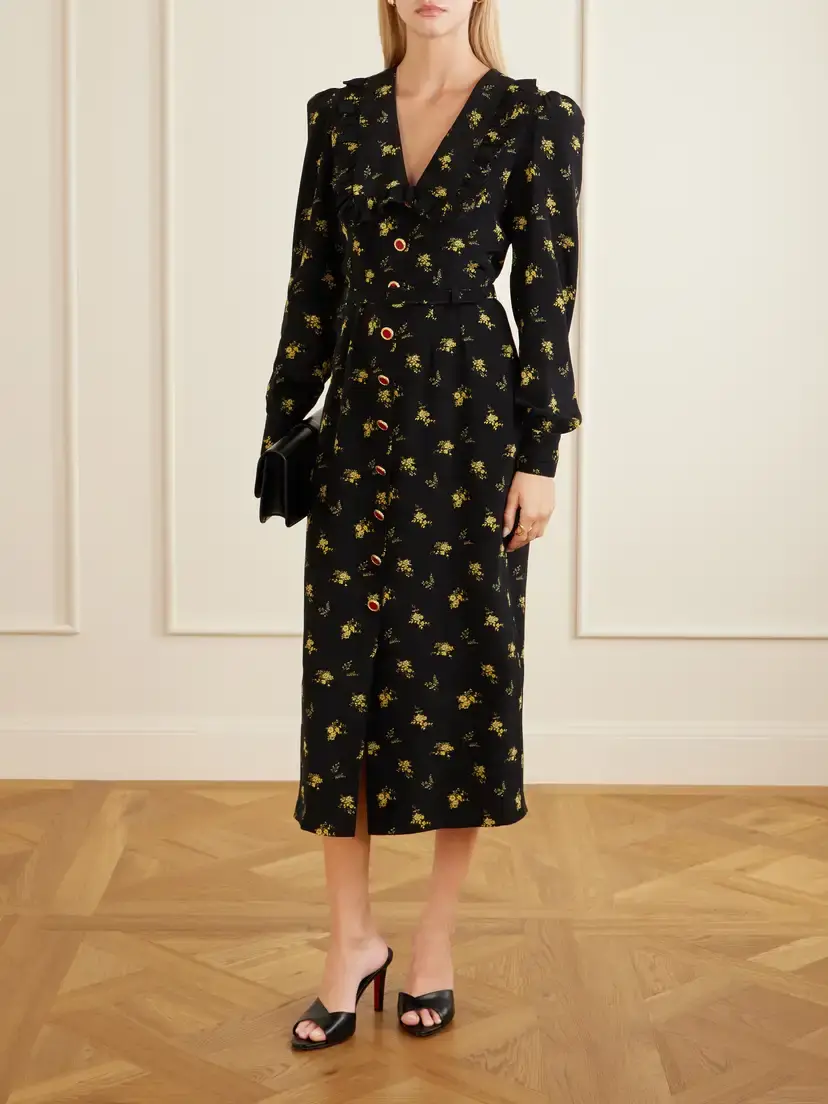 Alessandra Rich Belted Ruffled Floral-print Silk-crepe Midi Dress | Thumbnail 2 Alessandra Rich Belted Ruffled Floral-print Silk-crepe Midi Dress | Thumbnail 2
