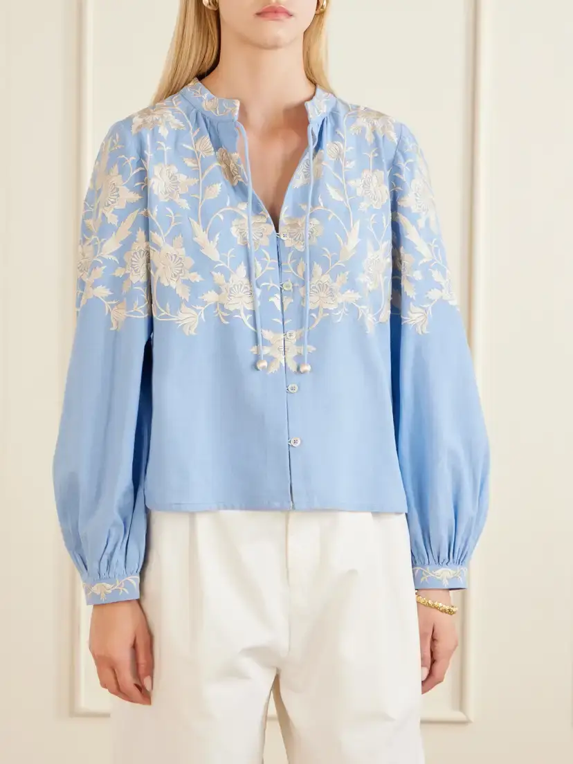 Sea Alina Embroidered Cotton And Linen-blend Blouse - Blue | Thumbnail 3 Sea Alina Embroidered Cotton And Linen-blend Blouse - Blue | Thumbnail 3