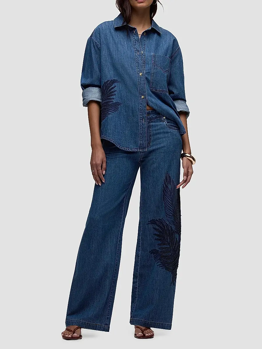 Hudson Jeans Women's Embroidered Palm Oversized Button-Front Denim Shirt | Thumbnail 2