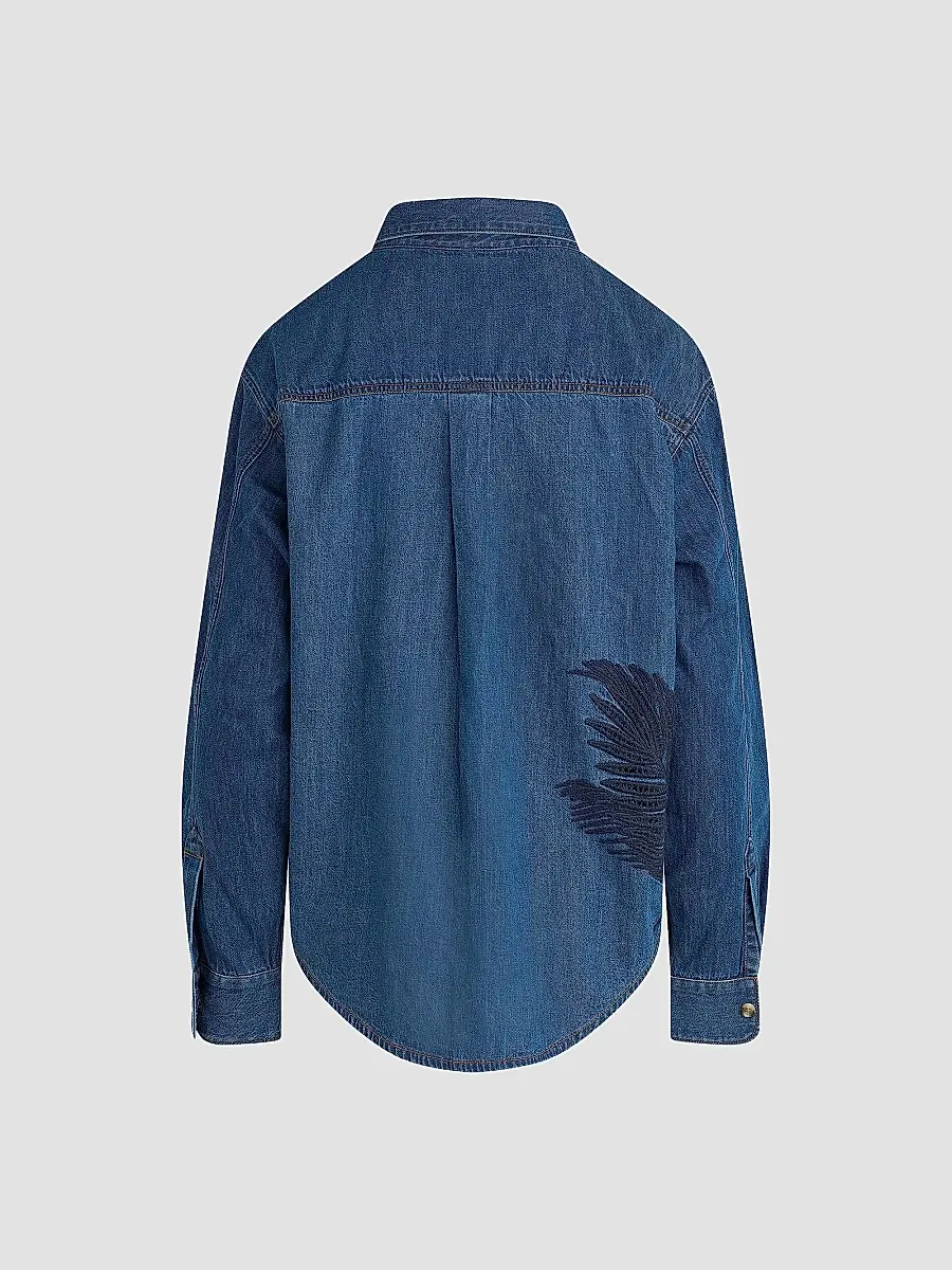 Hudson Jeans Women's Embroidered Palm Oversized Button-Front Denim Shirt | Thumbnail 3